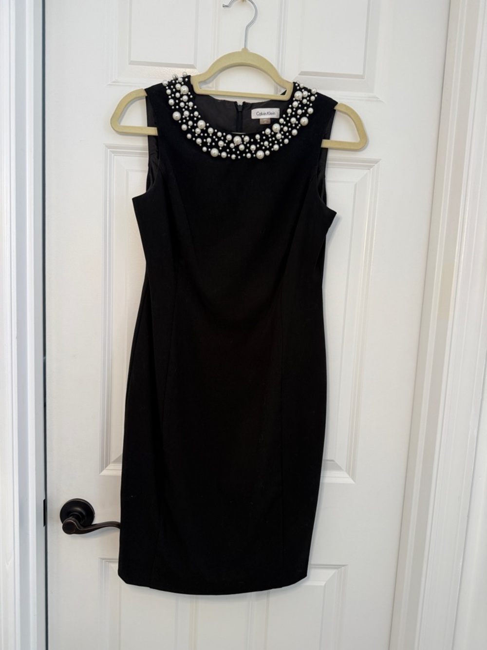 Calvin Klein Black Pearl Trim Sheath Dress Elegant Midi Cocktail Work S